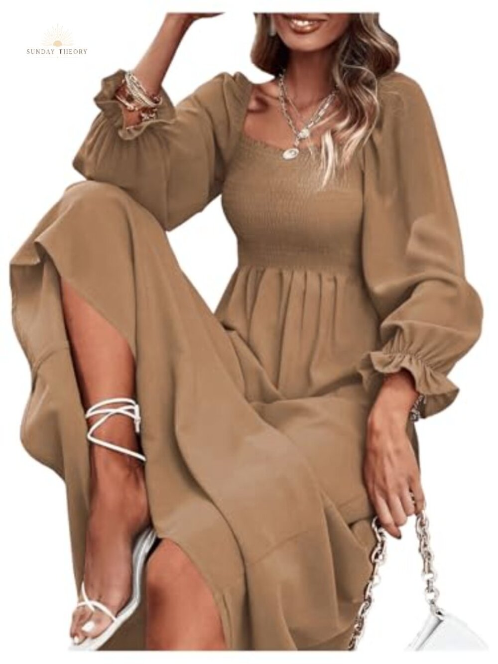 Boho Square Neck Smocked Puff Sleeve A Line Maxi Dress Floral - Picture 6 of 6